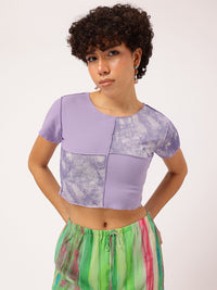 Lavender Tie-Dye Ribbed Crop Top with Round Neck