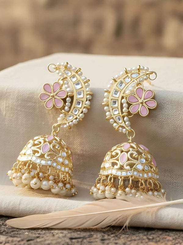 KARATCART Gold Plated Kundan Studded & Beaded Dome Shaped Jhumkas