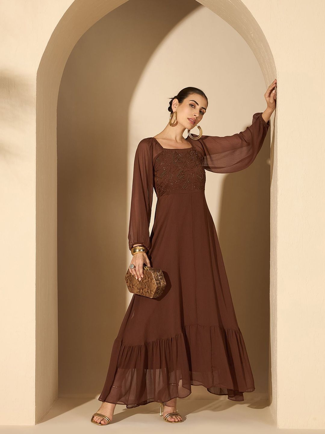 Antheaa Women Embellished Ruffles Maxi Dress