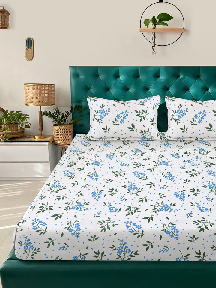 KLOTTHE White & Blue Floral Printed Set Cadar Double King 300 TC King 2.50 x 2.25 m