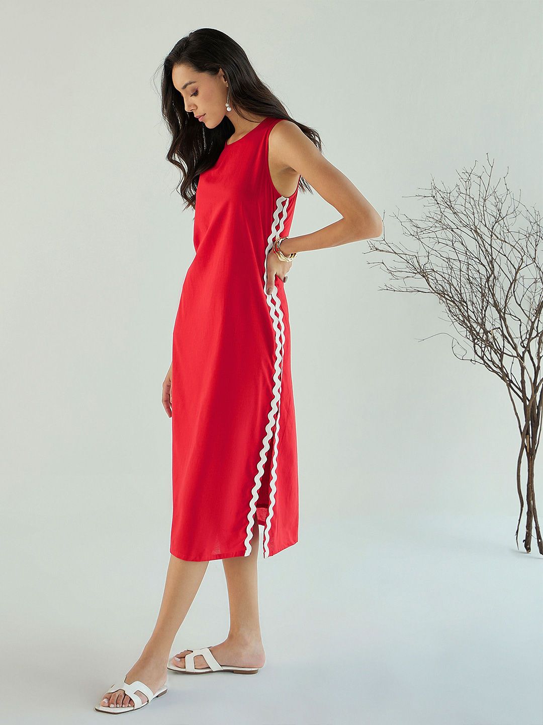 Pink Paprika by SASSAFRAS Women Solid Cotton A-Line Midi Dress