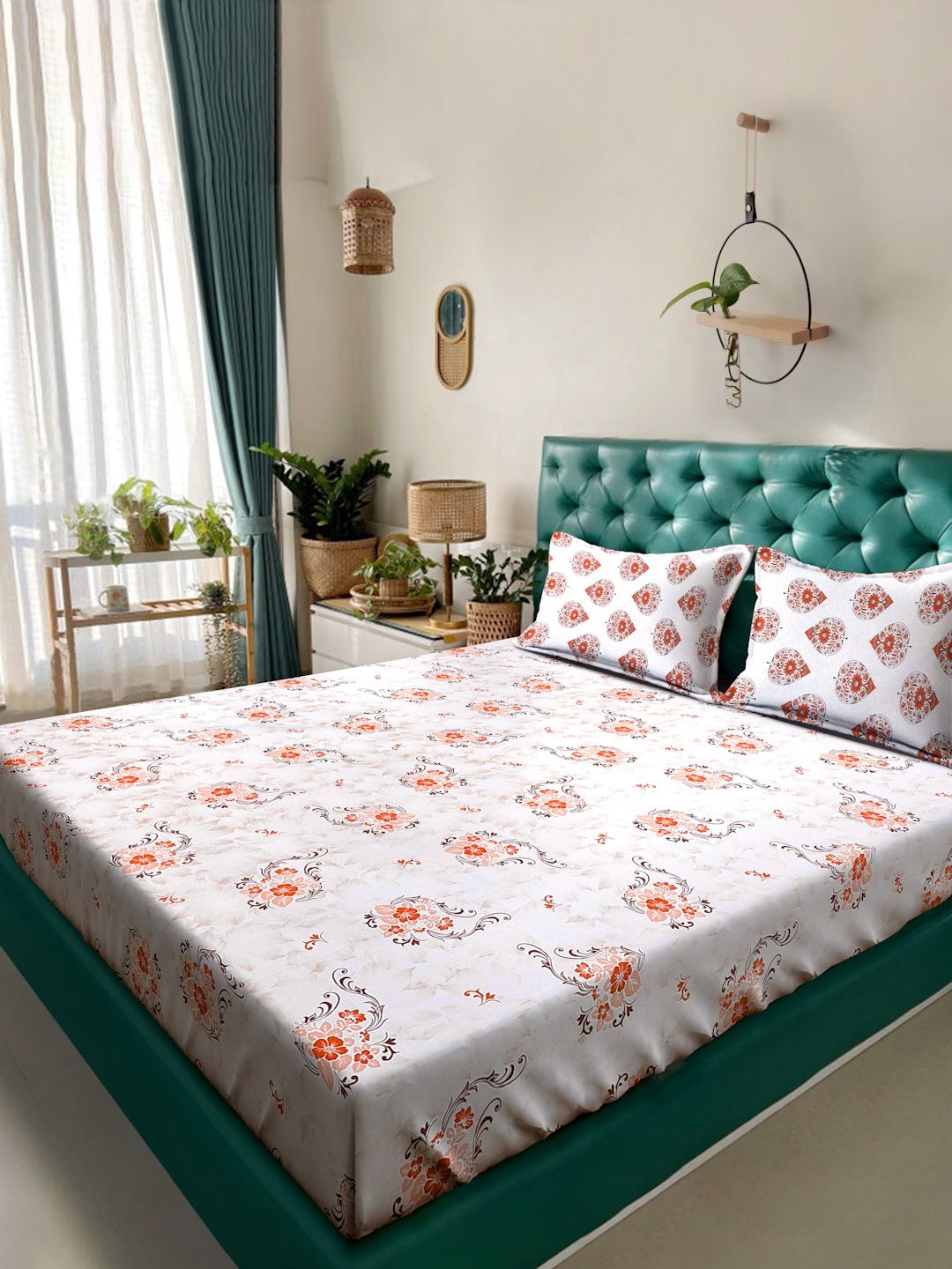 Myntra Elegant Homes Orange Floral Fitted 400 TC Cotton Set Cadar King 2.50 m x 2.25 m