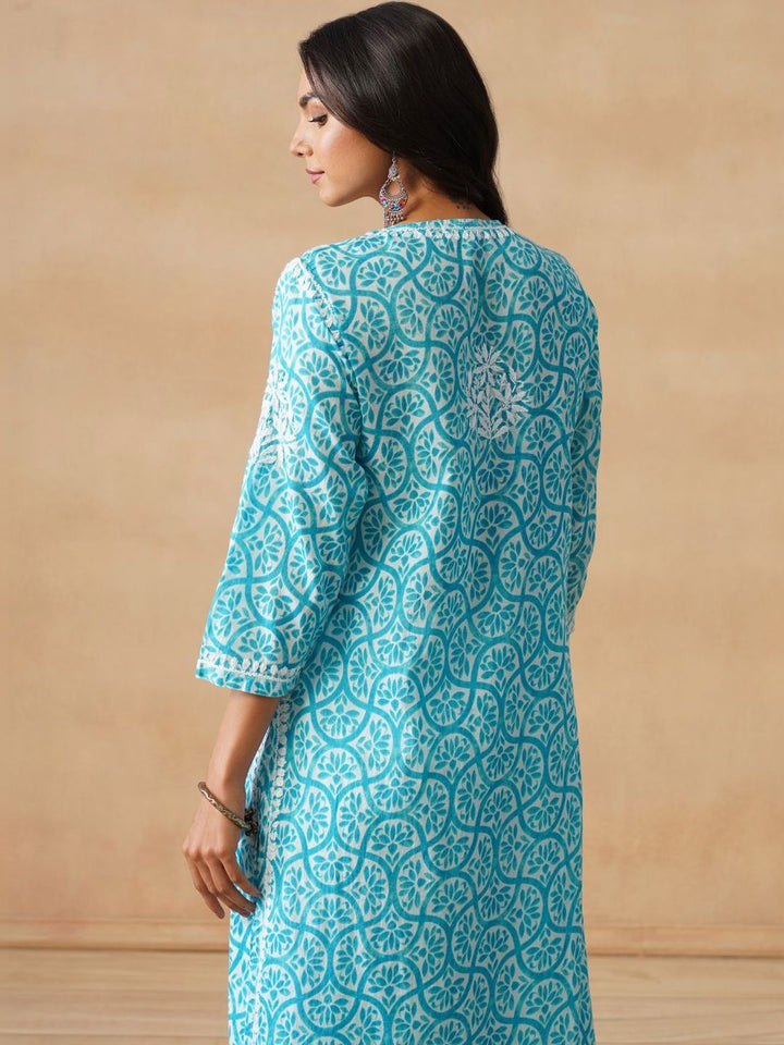 House of Chikankari Women Turquoise Blue Mulmul Chikankari Sulam Kurta