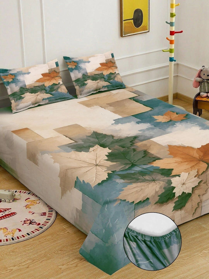 KLOTTHE Beige Geometric Printed Fitted 400 TC King 7D Bedsheet with 2 Pillow Covers