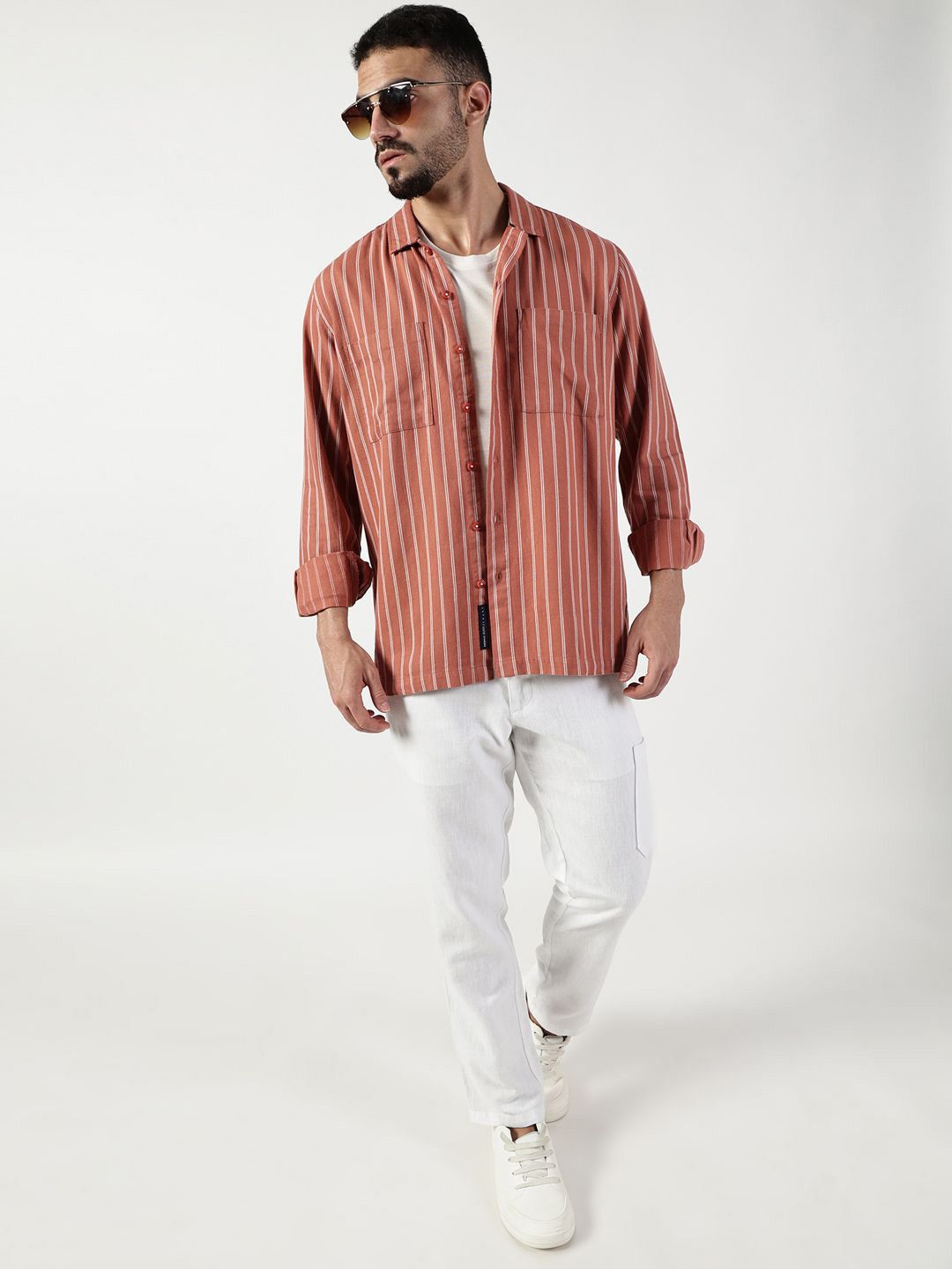 Thomas Scott Men Premium Spread Collar Vertical Striped Pure Cotton Slim Fit Casual Shirt