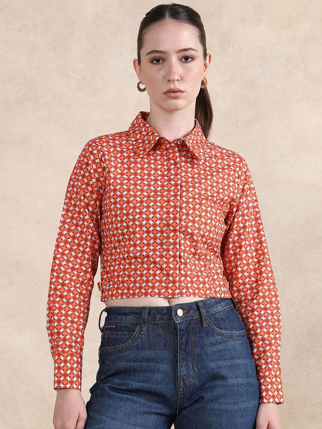 Rareism Geometric Printed Cotton Shirt Gaya Tanaman Top