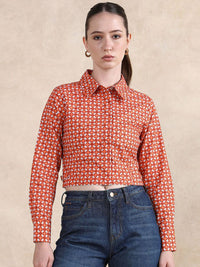 Rareism Geometric Printed Cotton Shirt Gaya Tanaman Top