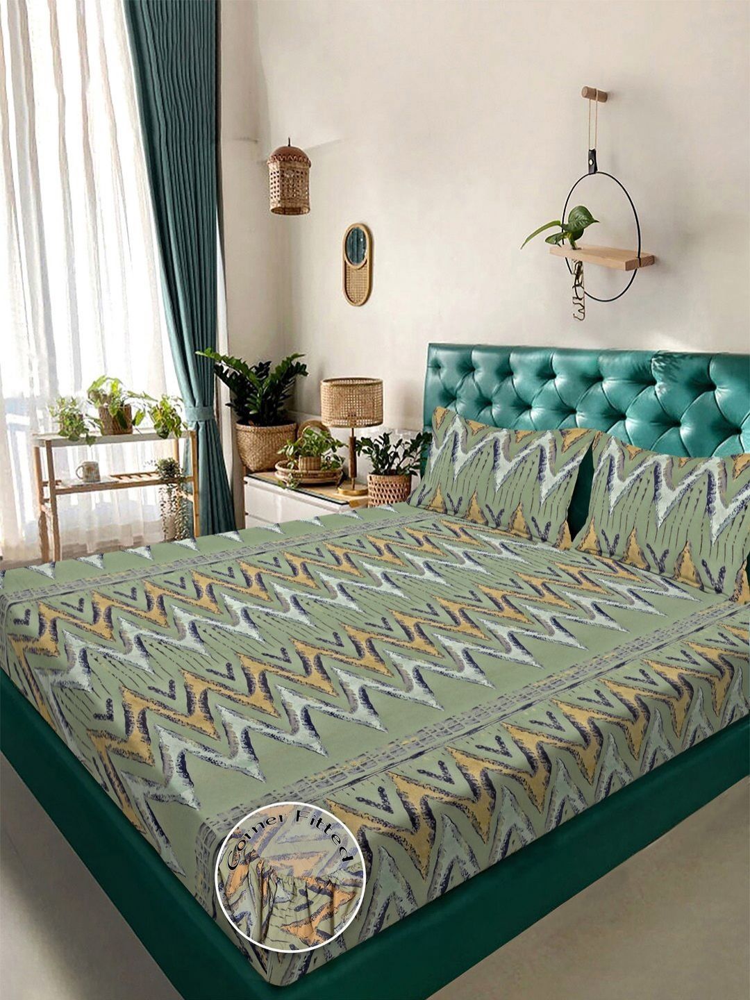 Myntra Elegant Homes Green & Blue Geometric 300 TC King Bedsheet with 2 Pillow Covers