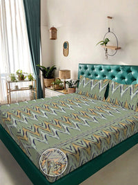 Myntra Elegant Homes Green & Blue Geometric 300 TC King Bedsheet with 2 Pillow Covers