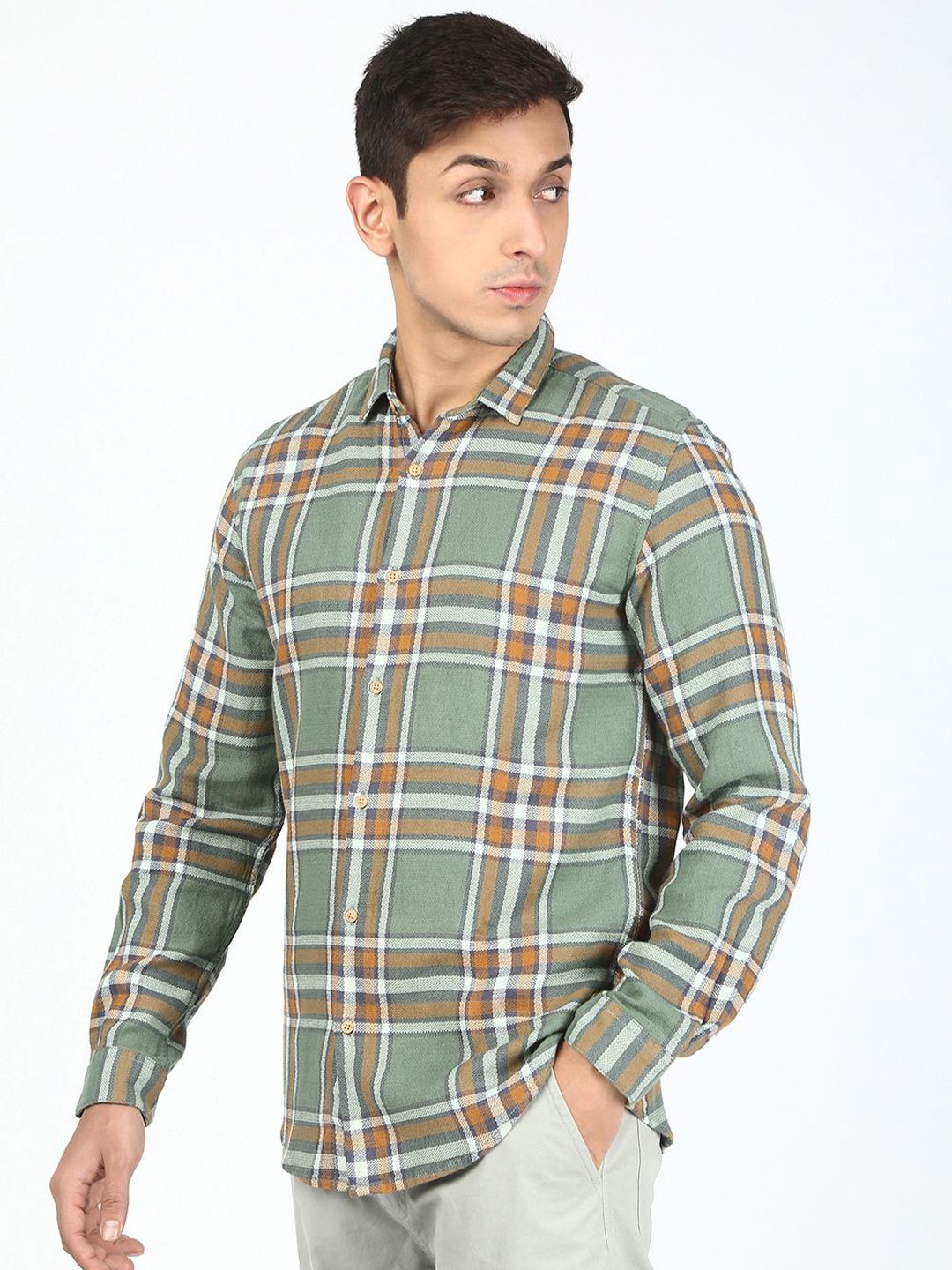 Bene Kleed Men Tartan Checked Spread Collar Cotton Casual Shirt