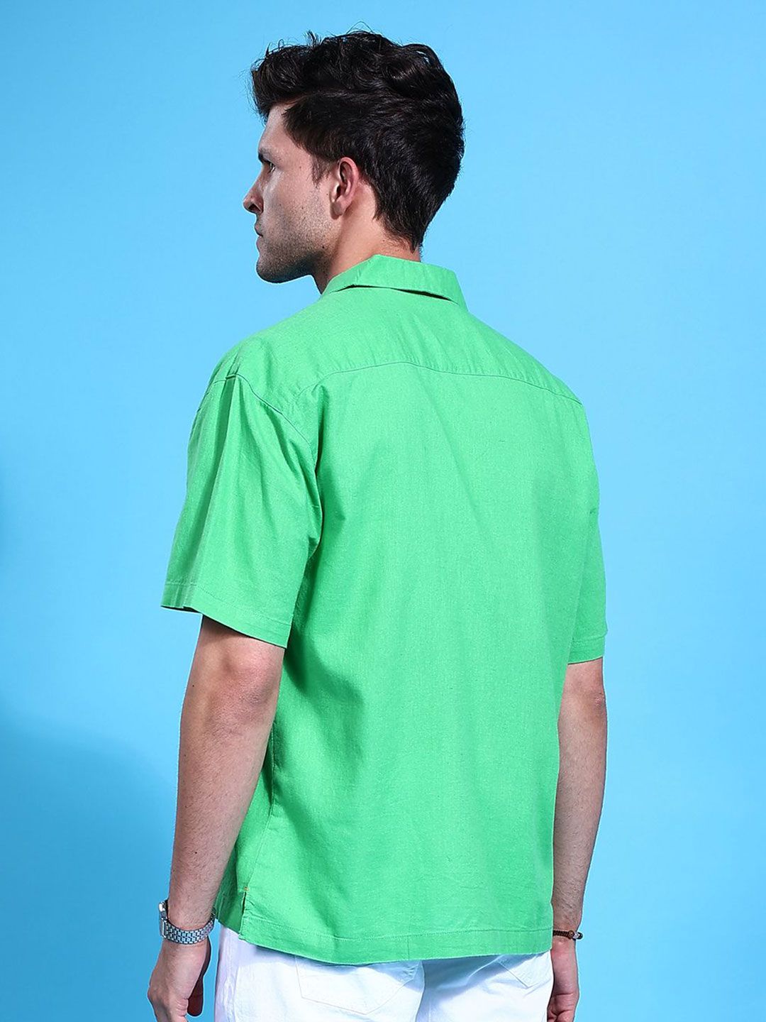 The Indian Garage Co Men Cuban Collar Relaxed Fit Linen Resortwear Shirt