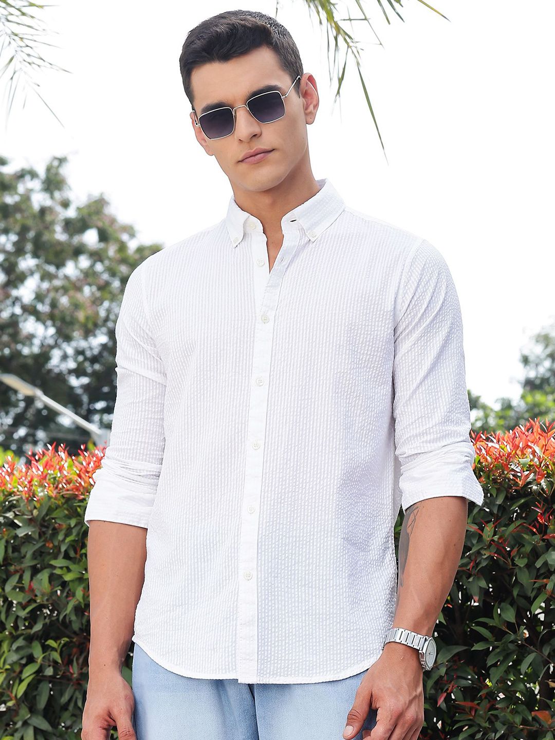 Thomas Scott Premium Seersucker Button-Down Collar Cotton Shirt