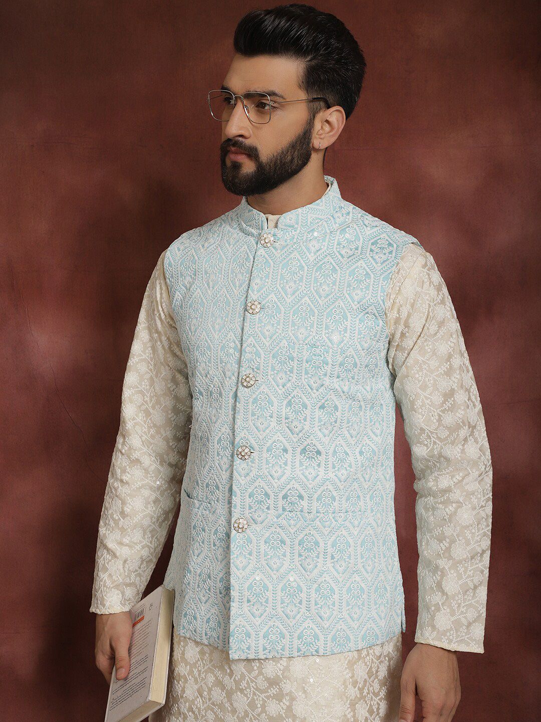 Anouk Floral Embroidered Mandarin Collar Thread Work Kurta & Churidar With Nehru Jacket