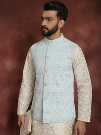 Anouk Floral Embroidered Mandarin Collar Thread Work Kurta & Churidar With Nehru Jacket