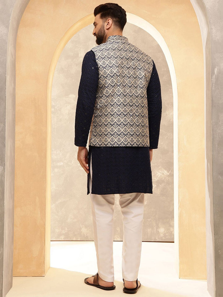 Anouk Navy Blue Embroidered Pure Cotton Straight Kurta With Pyjamas And Nehru Jacket