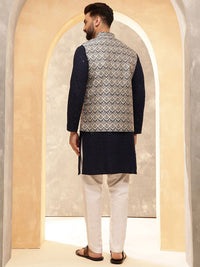 Anouk Navy Blue Embroidered Pure Cotton Straight Kurta With Pyjamas And Nehru Jacket