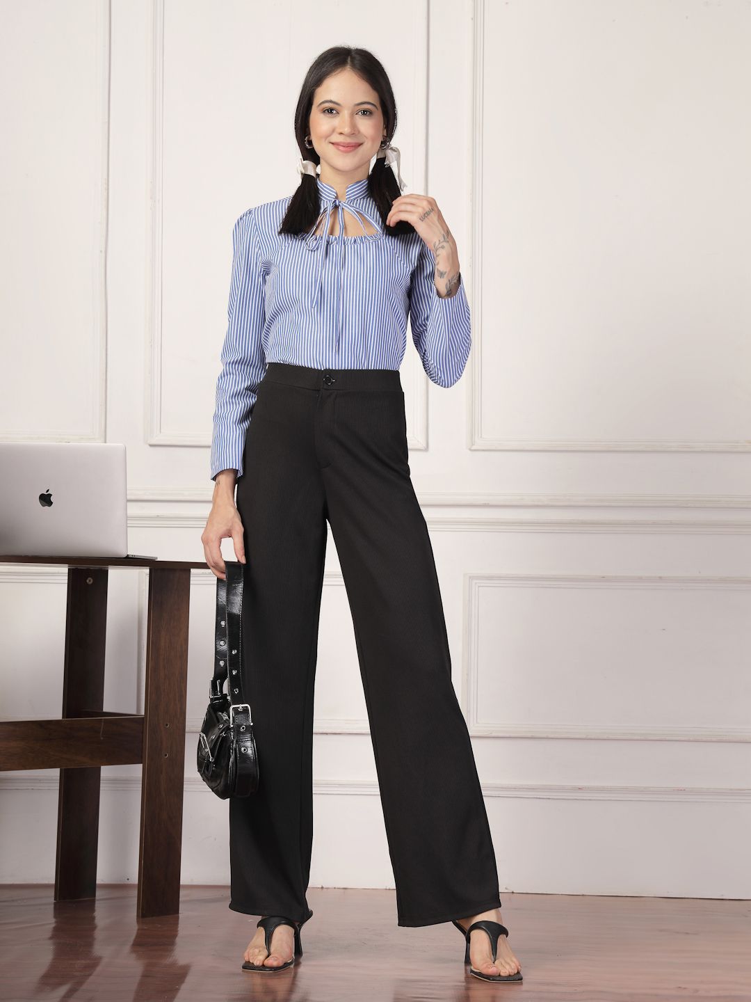 Style Quotient Striped Tie-Up Neck Puff Sleeve Top