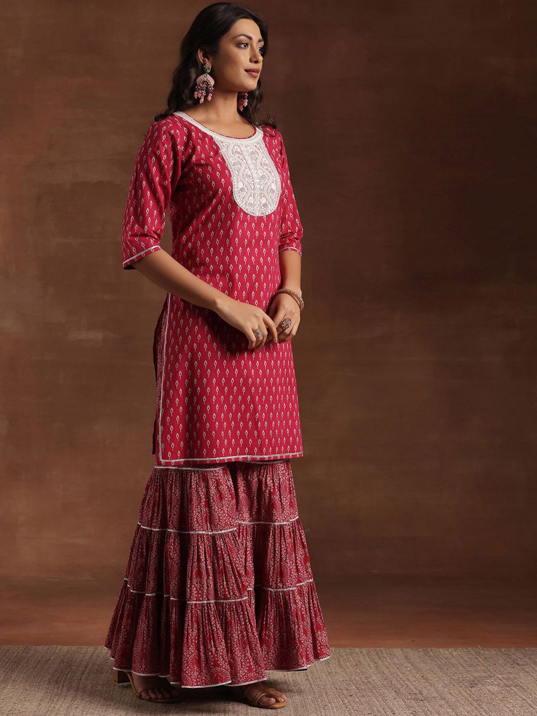 Libas Ethnic Motifs Printed Thread Work Pure Cotton Kurta with Sharara & Dupatta