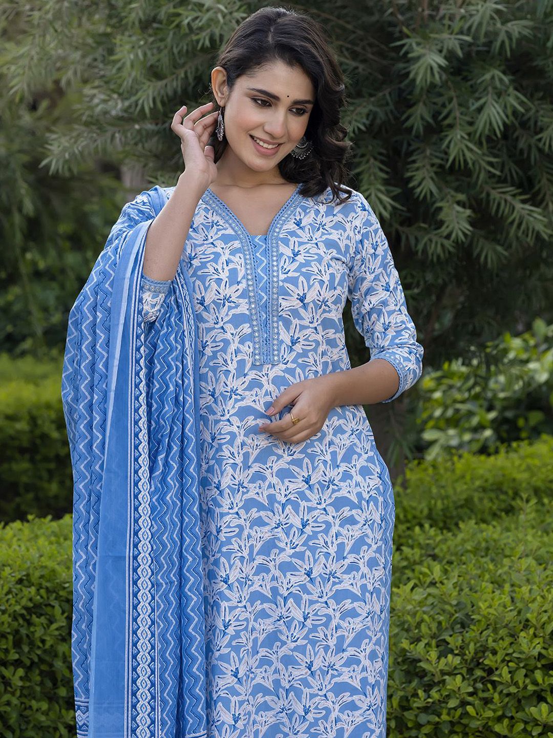 KALINI Floral Printed Mirror Work Straight Pure Cotton Kurta With Trousers & Dupatta