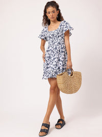 DressBerry Fun & Fabulous Floral Printed Back Cut-Out Smocked Flutter Sleeve Mini Dress