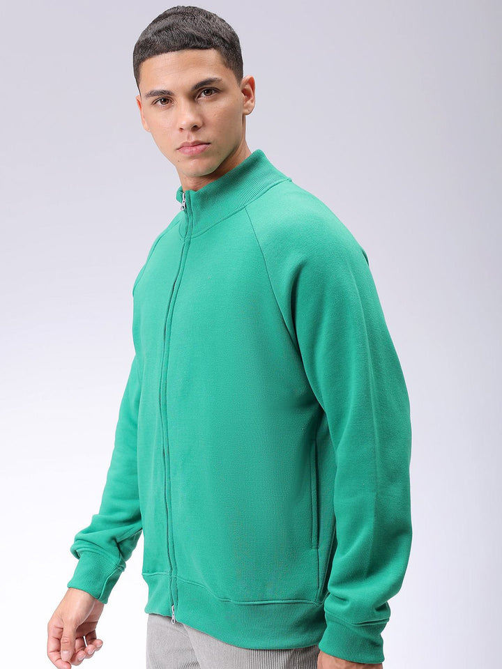 The Indian Garage Co Mens Green Relaxed Fit Solid Front open-Highneck Sweatshirts