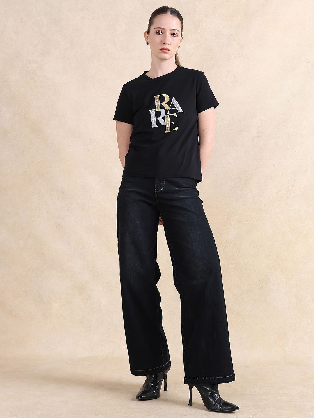 Rareism Wanita tipografi dicetak t-shirt kapas leher bulat