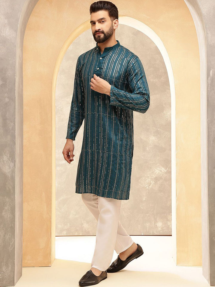 Anouk Blue Geometric Embroidered Sequence Band Collar Straight Kurta