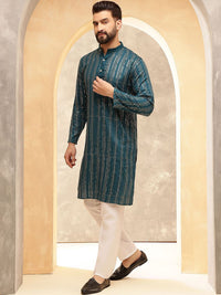 Anouk Blue Geometric Embroidered Sequence Band Collar Straight Kurta