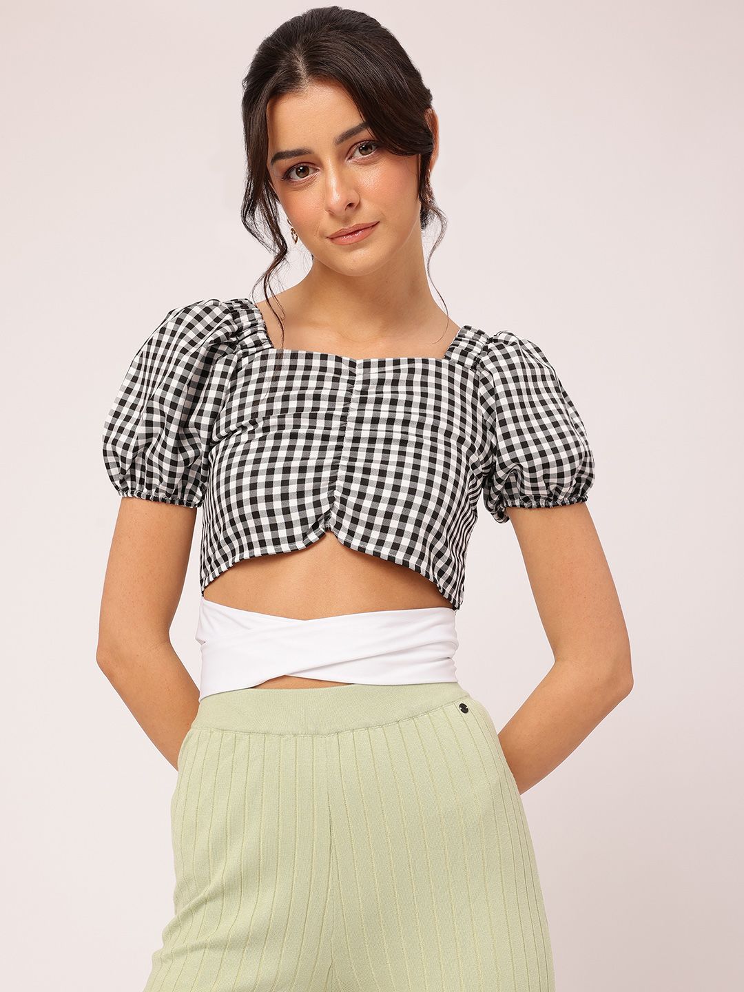 DressBerry Midnight Gingham Flossed Dip Ruched Glam Crop Top