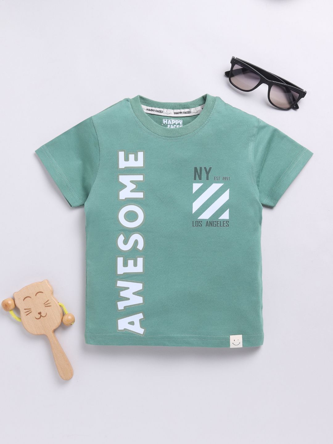 Happy Faces Boys Pure Cotton Typography Printed T-shirt