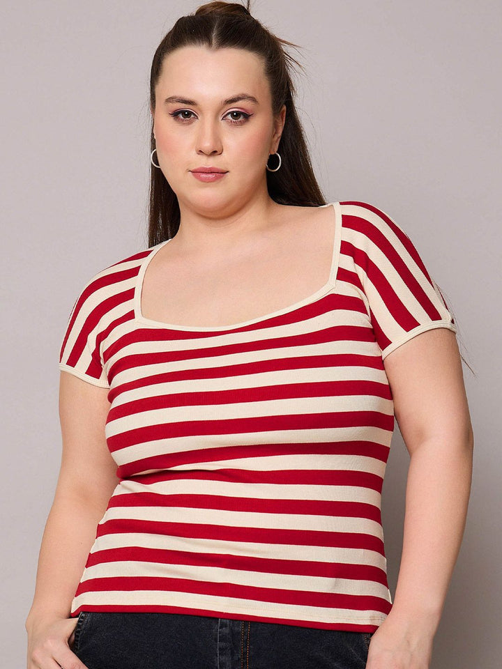 SASSAFRAS Women Plus Size Striped Cotton Top