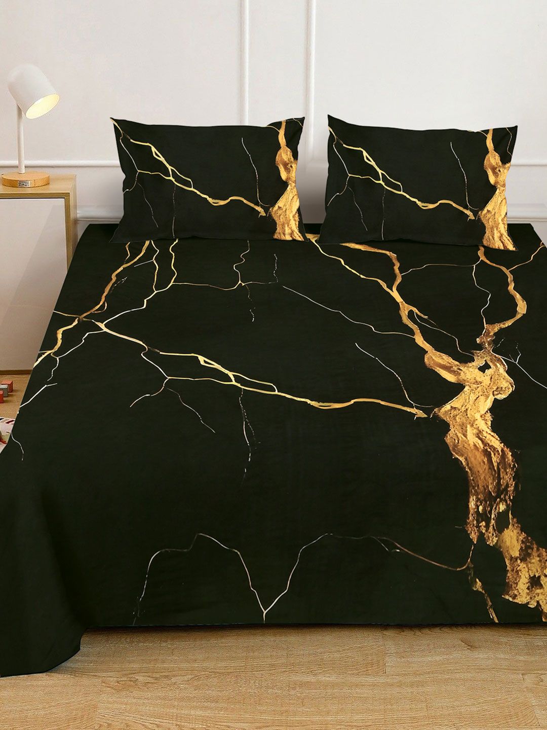 KLOTTHE Black Abstract Printed Fitted 300 TC King Bedsheet With 2 Pillow Cover