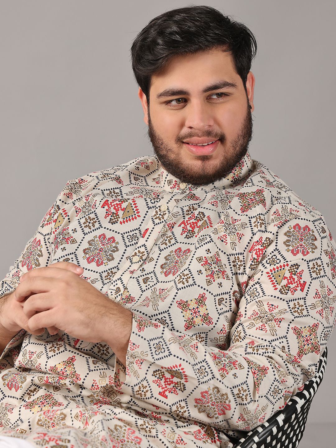 SOJANYA PLUS Plus Size Lelaki Motif Etnik Bercetak Cotton Linen Kurta Lurus Dengan Piyama