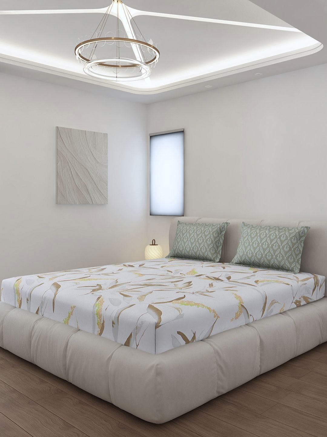 Monte Carlo Stanley White & Olive Green Printed 144 TC King Bedsheet Set 1.85 m x 1.95 m