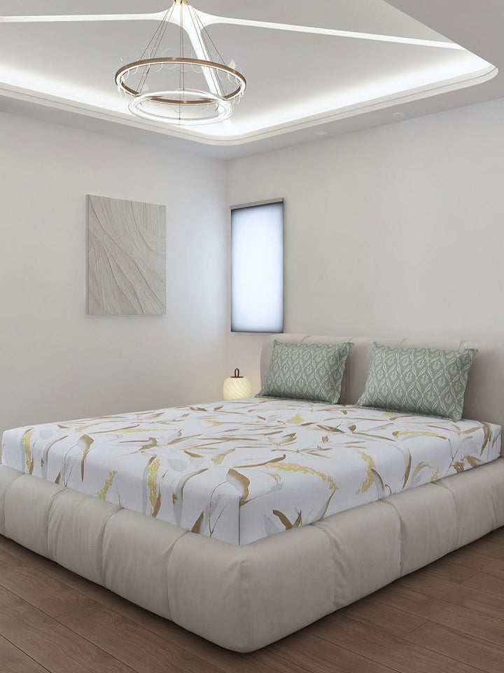 Monte Carlo Stanley White & Olive Green Printed 144 TC King Bedsheet Set 1.85 m x 1.95 m