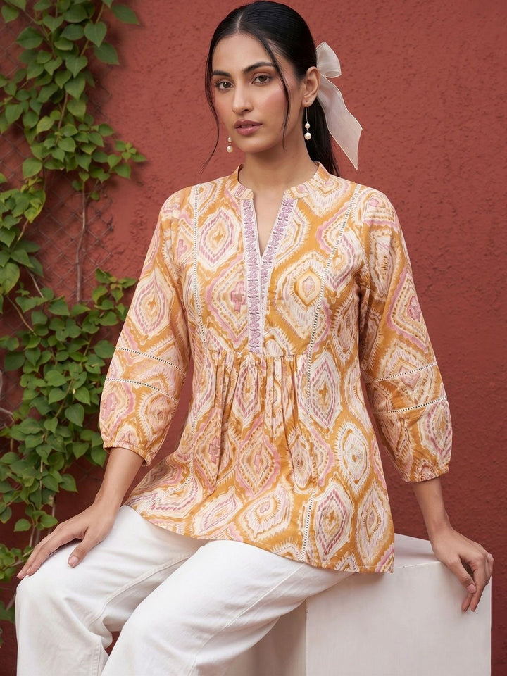Mamicha Geometric Print Mandarin Collar Bishop Sleeves Cotton Top