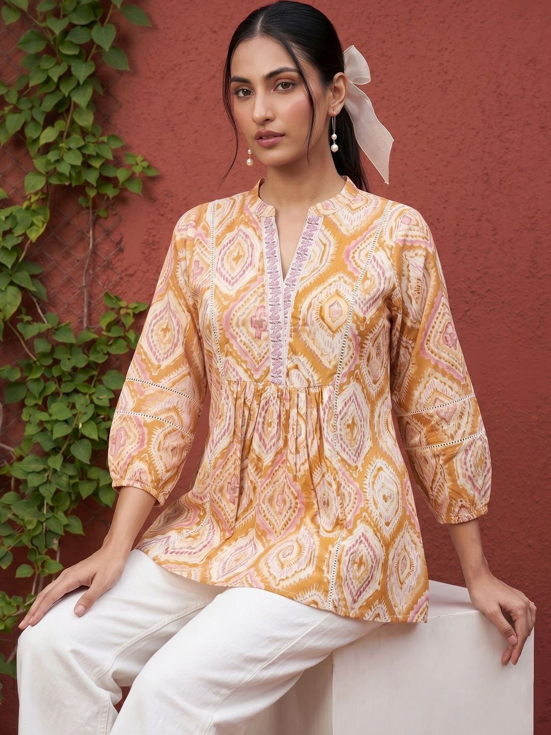 Mamicha Geometric Print Mandarin Collar Bishop Sleeves Cotton Top