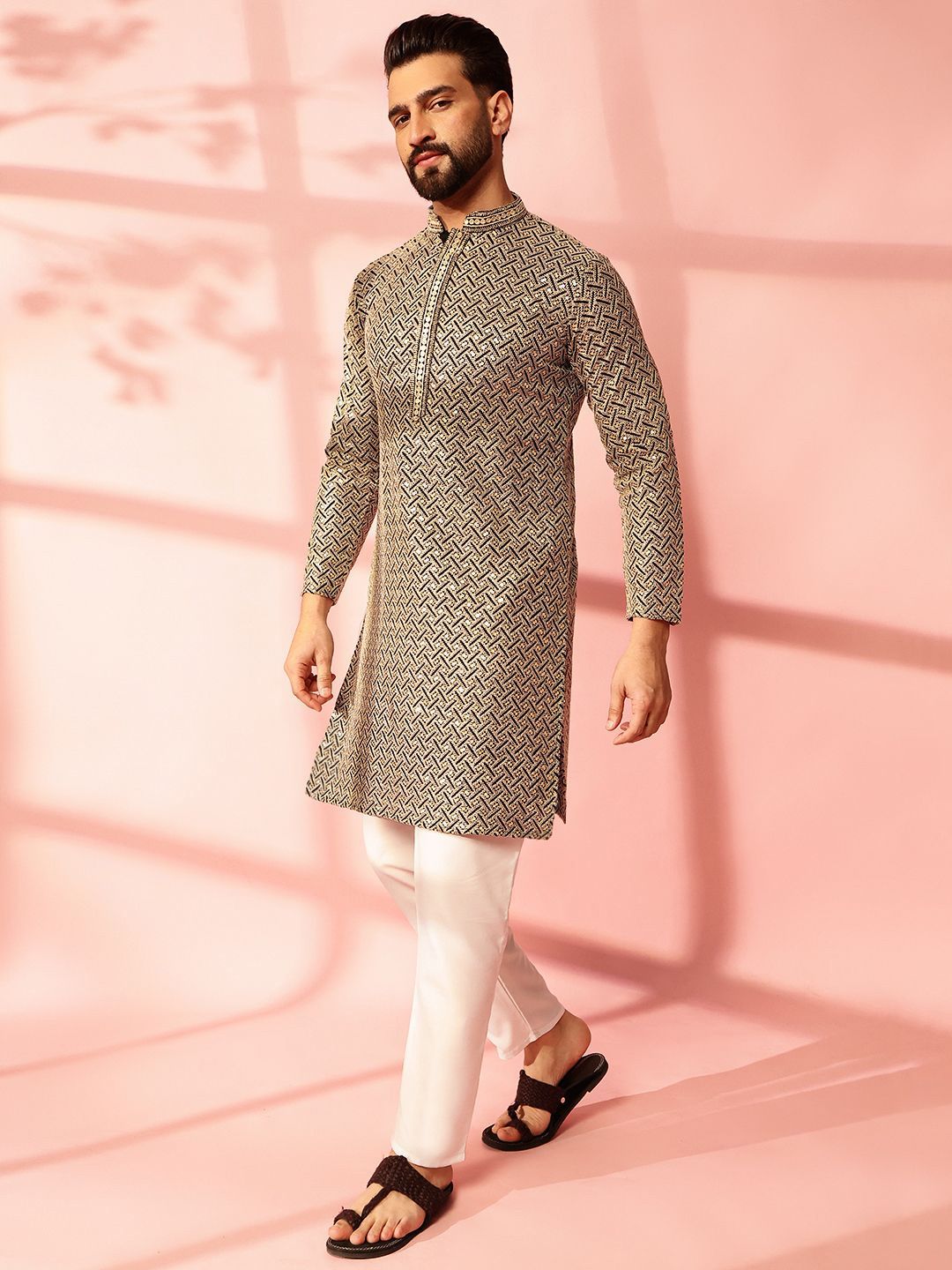 Anouk Geometric Embroidered Mandarin Collar Sequinned Cotton Straight Kurta