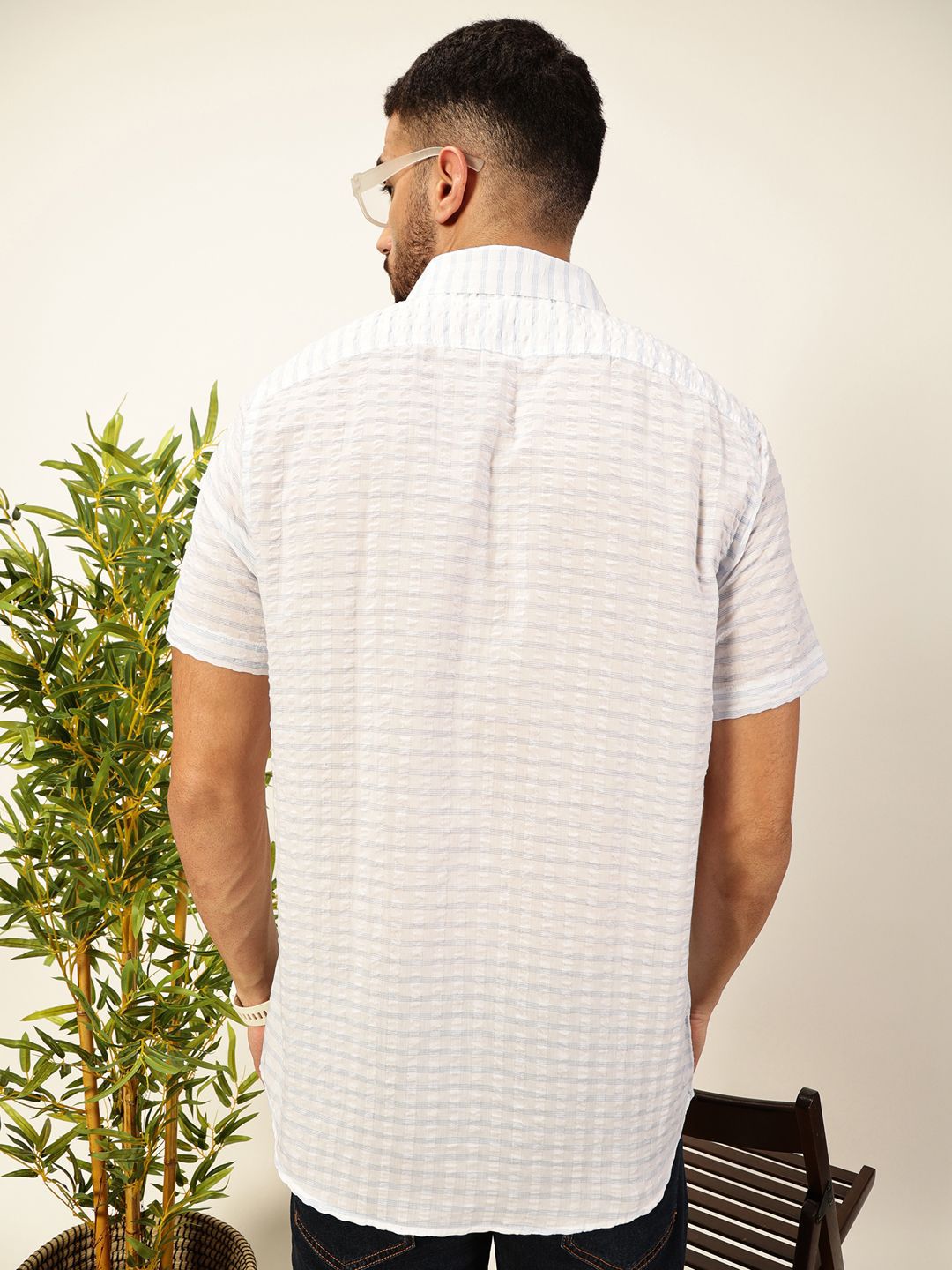 Thomas Scott Premium Spread Collar Seersucker Checks Pure Cotton Casual Shirt