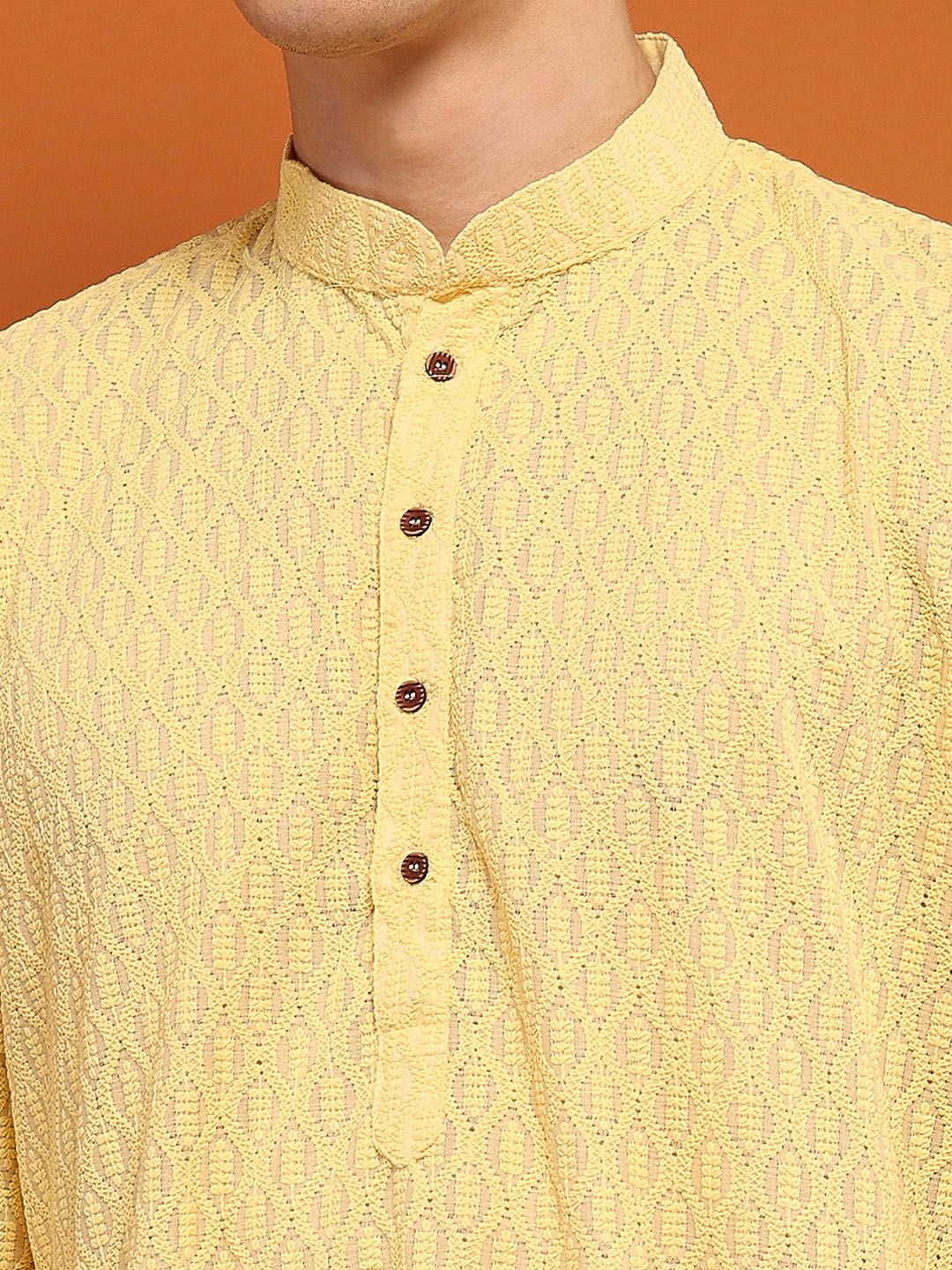 House of Chikankari Men Yellow Cotton Chikankari Embroidered Kurta