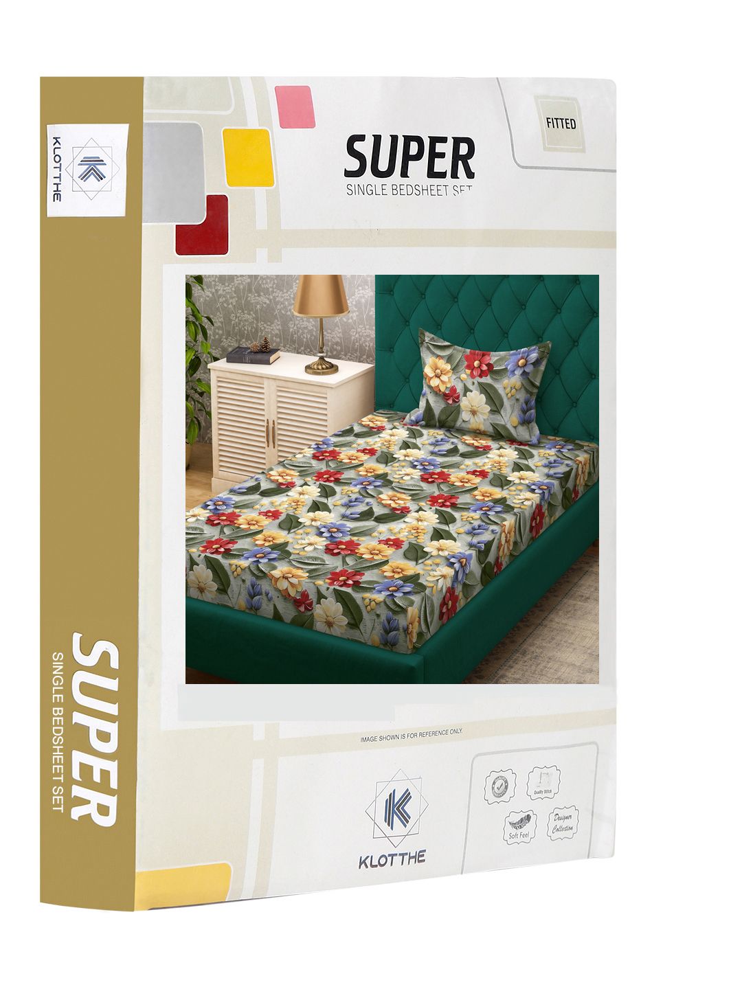 KLOTTHE Bercetak Bunga Hijau & Merah Dilengkapi Cadar 7D Single 300 TC Dengan Sarung Bantal