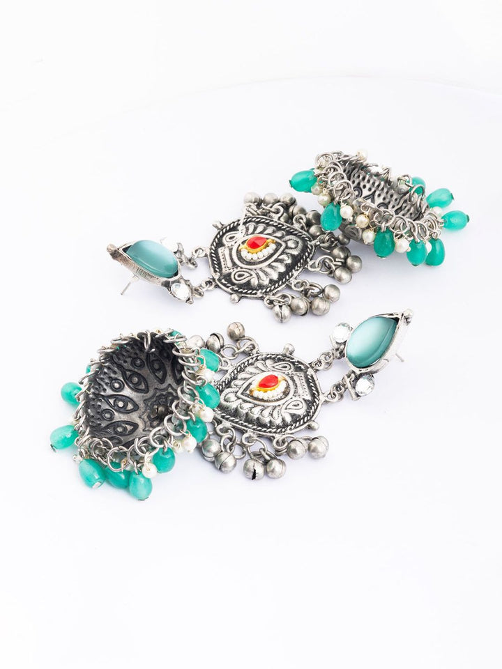 PANASH Silver-Plated Stones Studded And Beaded Contemporary Oxidised Drop Earrings
