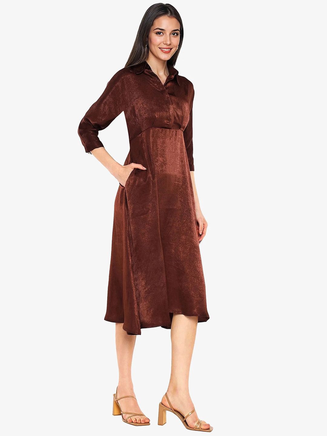 RAREISM Shirt Collar A-Line Midi Dress