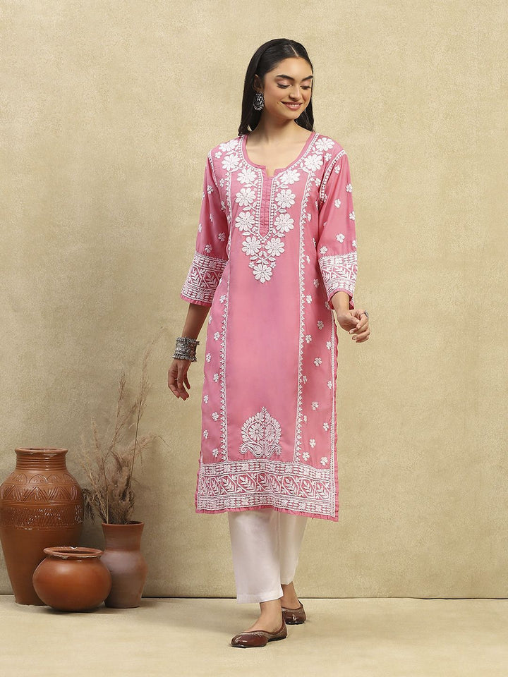 Rumah Wanita Chikankari Pink Chanderi Chikankari Sulam Kurta