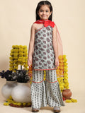 Cutiekins Girls Ethnic Motifs Printed One Shoulder Straight Kurta With Sharara & Dupatta