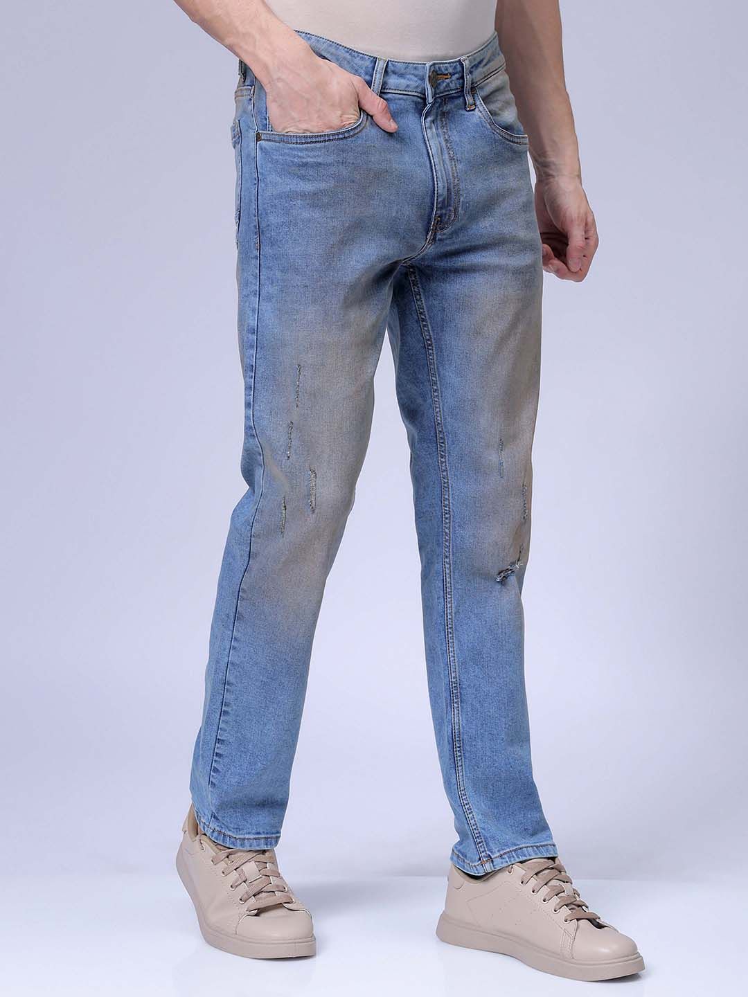 The Indian Garage Co Men Straight Fit Heavy Fade Low Distress Stretchable Jeans