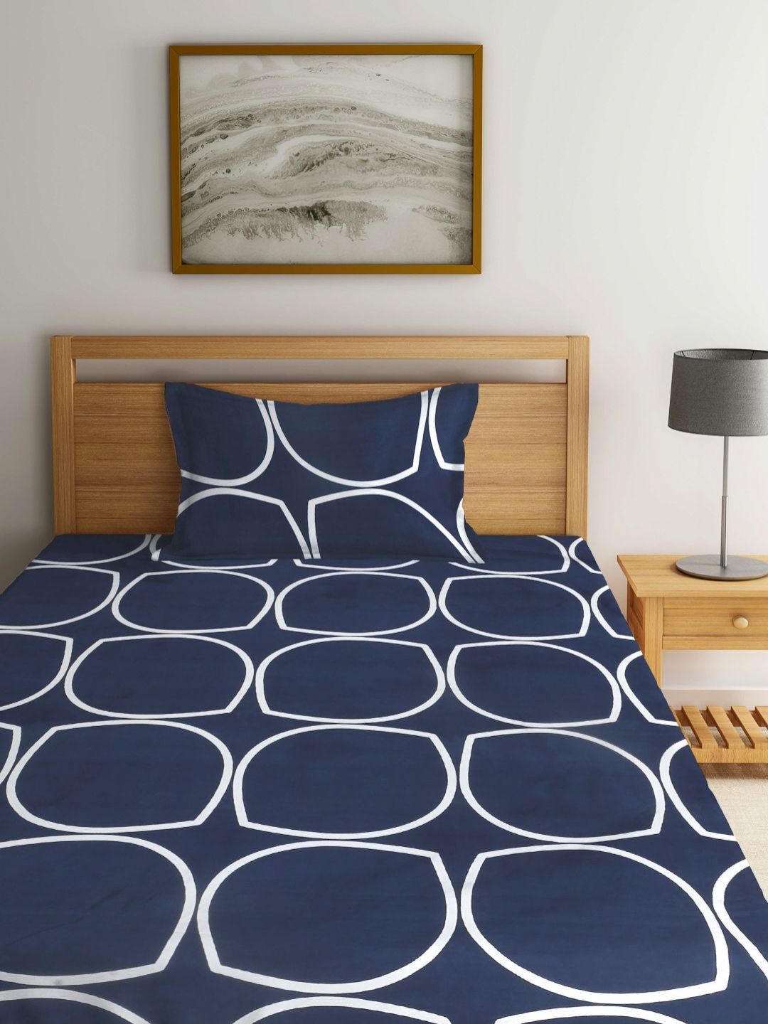 Myntra Elegant Homes Blue Geometric Polycotton Breathable 300 TC Dilengkapi Cadar Single Halus dengan Sarung Bantal-87 x 59 inci