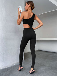 DressBerry Ribbed Cut-Out Detail One-Shoulder Slim Fit Jumpsuit