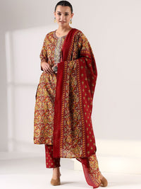Motif Etnik Wanita Mamicha Bercetak Benang Biasa Kurta Kerja dengan Seluar & Dengan Dupatta