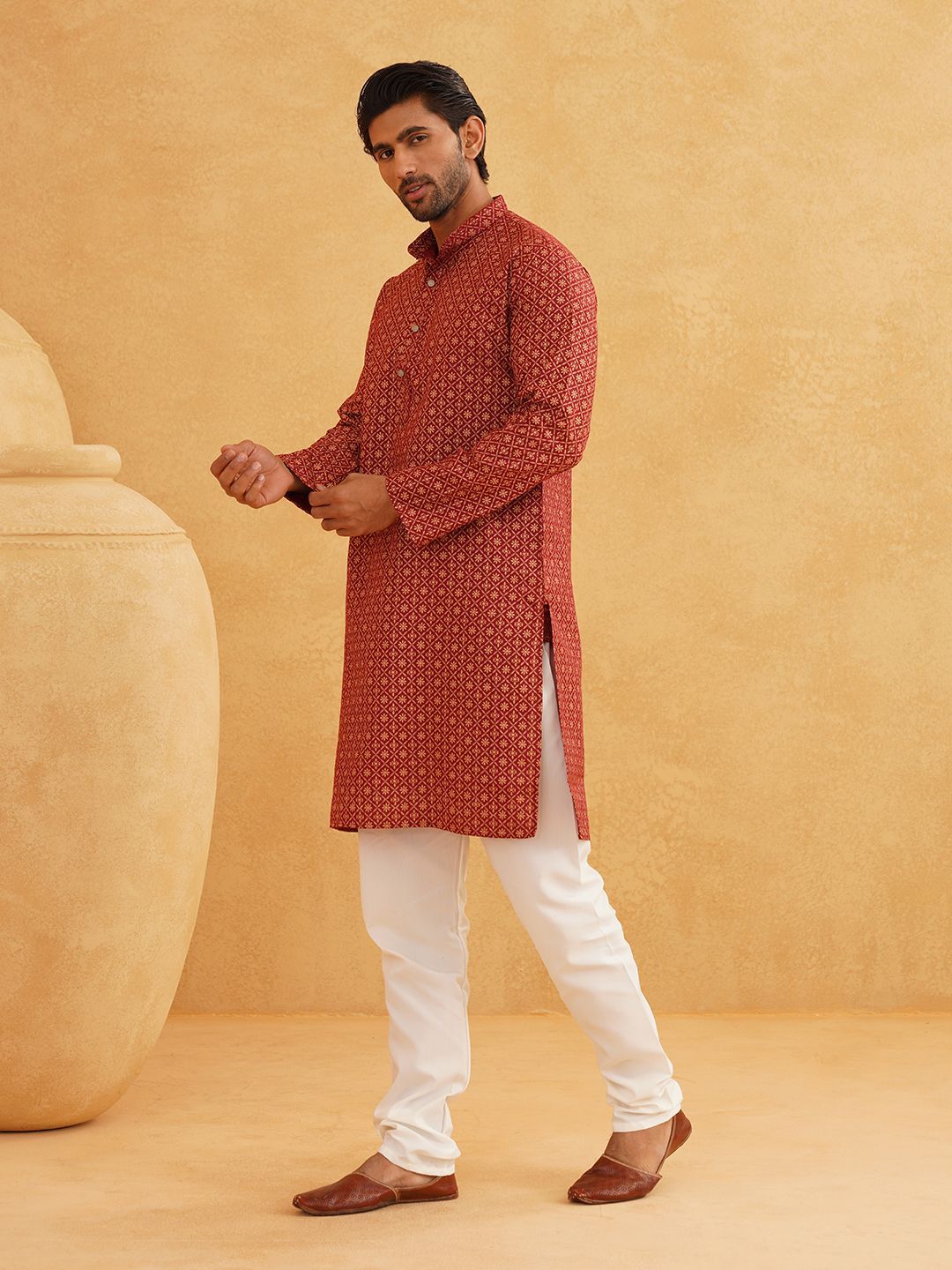 SOJANYA Motif Etnik Printed Mandarin Collar Cotton Linen Kurta Lurus Dengan Churidar